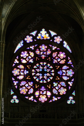 Stained glass window in St. Vitus Cathedral in Prague Castle, Prague, Czech Republic