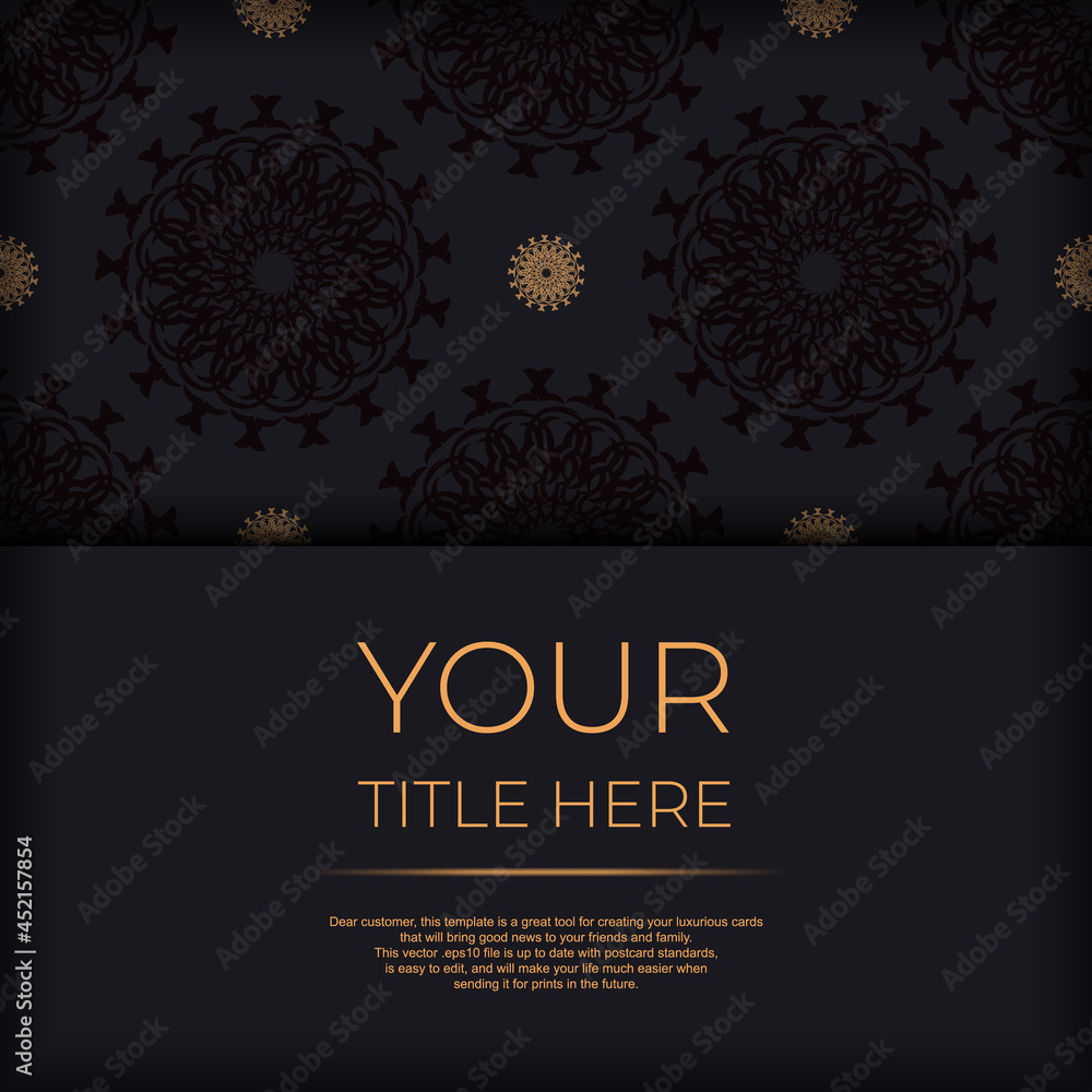 Stylish Ready-to-print postcard design in black with Greek patterns. Vector Template of invitation card with dewy ornament.