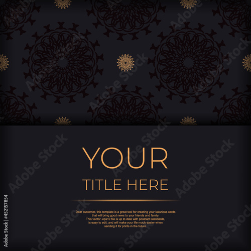 Stylish Ready-to-print postcard design in black with Greek patterns. Vector Template of invitation card with dewy ornament.