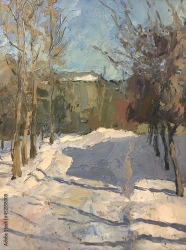 Country landscape painted with oil paints on canvas. Massive huge trees, green grass. Positive color poetic mood. Bright colours foliage. Wide voluminous brush strokes of artist. Old winter street