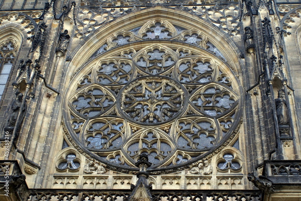 Exterior view of a stained glass window in St. Vitus Cathedral in Prague Castle, Prague, Czech Republic