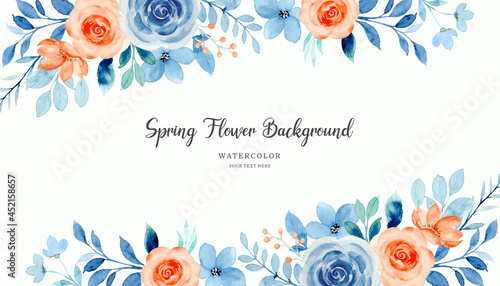 Watercolor blue orange rose flower background
