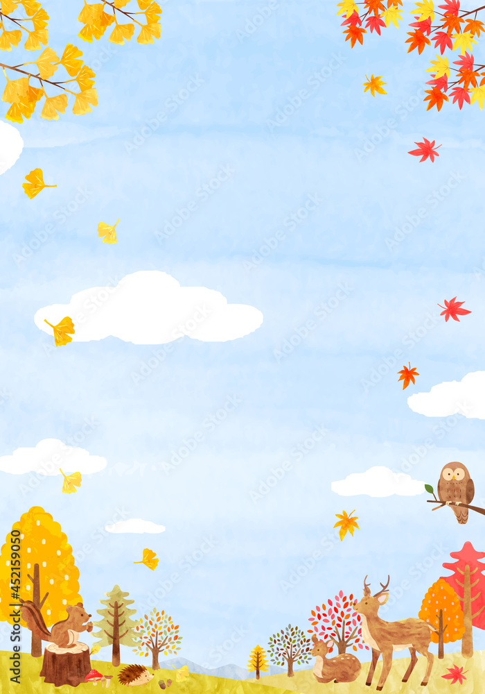 秋の森にいるかわいい動物達の背景素材 手描き水彩画イラスト 縦長 02 Stock Vector Adobe Stock 秋の森にいるかわいい動物達の背景素材 手描き水彩画イラスト 縦長 02 Stock Vector Adobe Stock