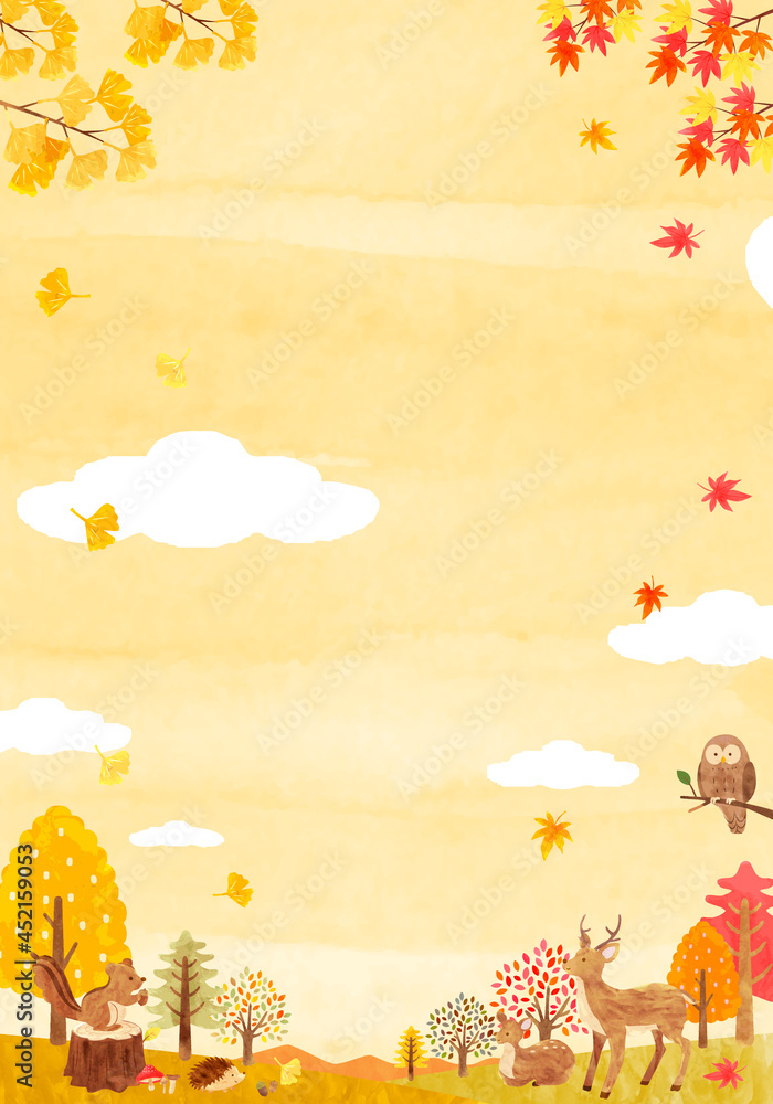 秋の森にいるかわいい動物達の背景素材 手描き水彩画イラスト 縦長 03 Stock Vector Adobe Stock