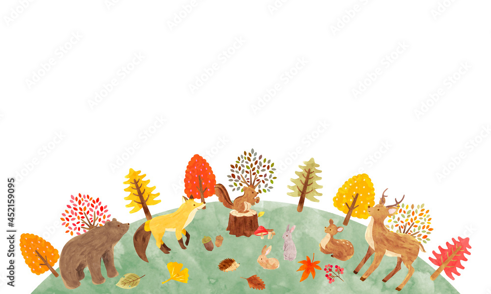 秋の森に集まるかわいい動物たちのイラスト 手描き水彩画 01 Stock Vector Adobe Stock