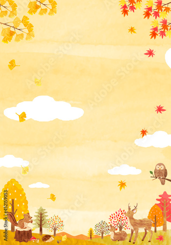 秋の森にいるかわいい動物達の背景素材　手描き水彩画イラスト（縦長）03