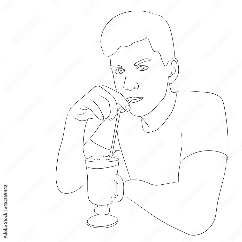 Sketch portrait of a guy who sits at the table and drinks latte through a straw Sketch portrait of a guy who sits at the table and drinks latte through a straw