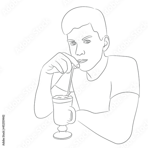 Sketch portrait of a guy who sits at the table and drinks latte through a straw