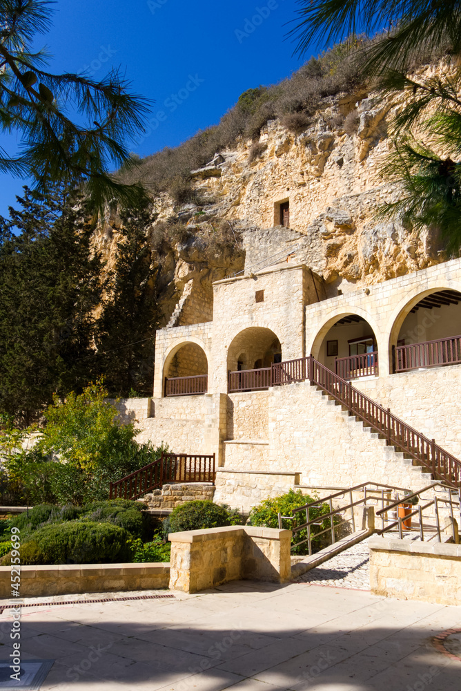 Saint Neophytos Monastery.  The view of exterior of the Engleistra (Place of Seclusion, built in a natural cave, with small chapel). Cyprus, Paphos district