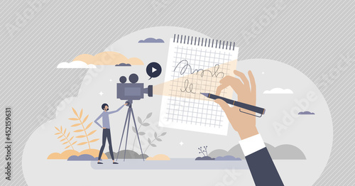 Video script and screenplay text writing work for movie tiny person concept. Shooting scene paper instructions and scenario document for television or cinema production process vector illustration.
