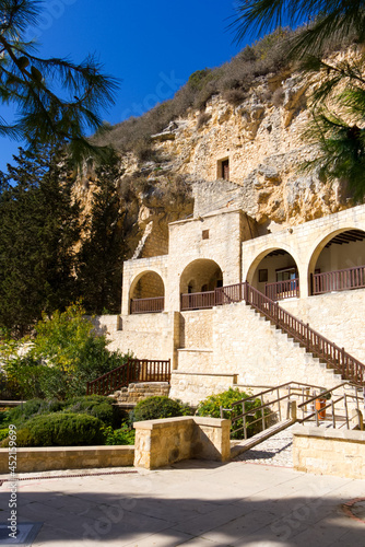 Saint Neophytos Monastery. The view of exterior of the Engleistra (Place of Seclusion, built in a natural cave, with small chapel). Cyprus, Paphos district