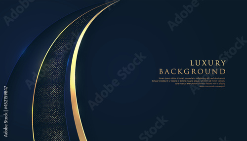 Abstract golden and blue curve geometric shapes on dark background. Modern Luxurious bright golden lines with golden glitter decorate. Technology futuristic concept. Vector illustration