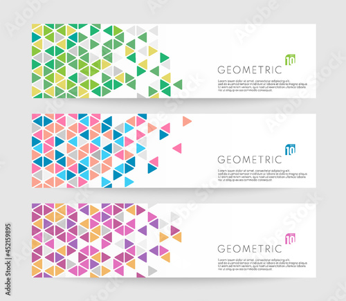 Set of white horizontal banners with colorful geometric triangular shapes pattern. Trendy color coupon template design collection. Design for banner web site elements. Vector illustrator