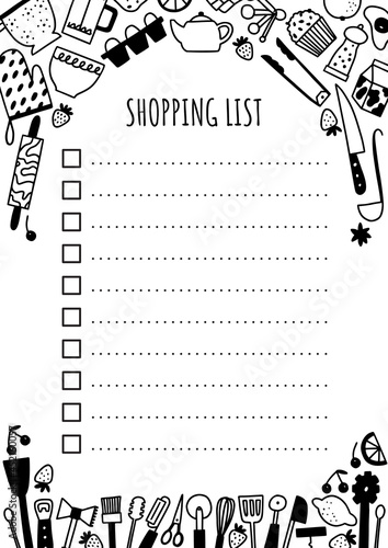 Shopping list printable template. Kitchen utensils frame with hand drawn doodle cooking tools. Cute trendy graphic design.