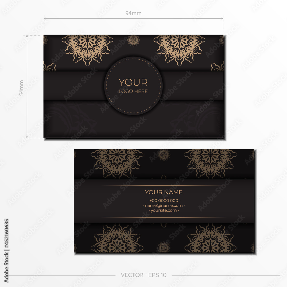 Vector Template for printing design business cards Black with Greek patterns. Business card preparation with vintage ornament.