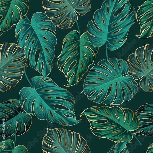 Floral seamless pattern with leaves. gold outline tropical background © Fauzan