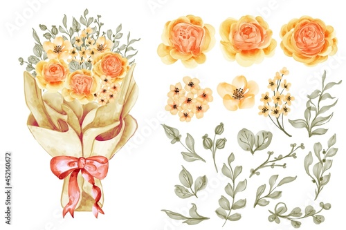 A flower bouquet in paper wrapping with isolated clip art of rose yellow orange and leaves