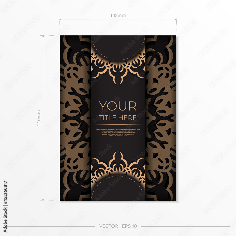 Stylish vector Template for print design postcards in black color with Greek patterns. Preparing an invitation card with vintage ornaments.