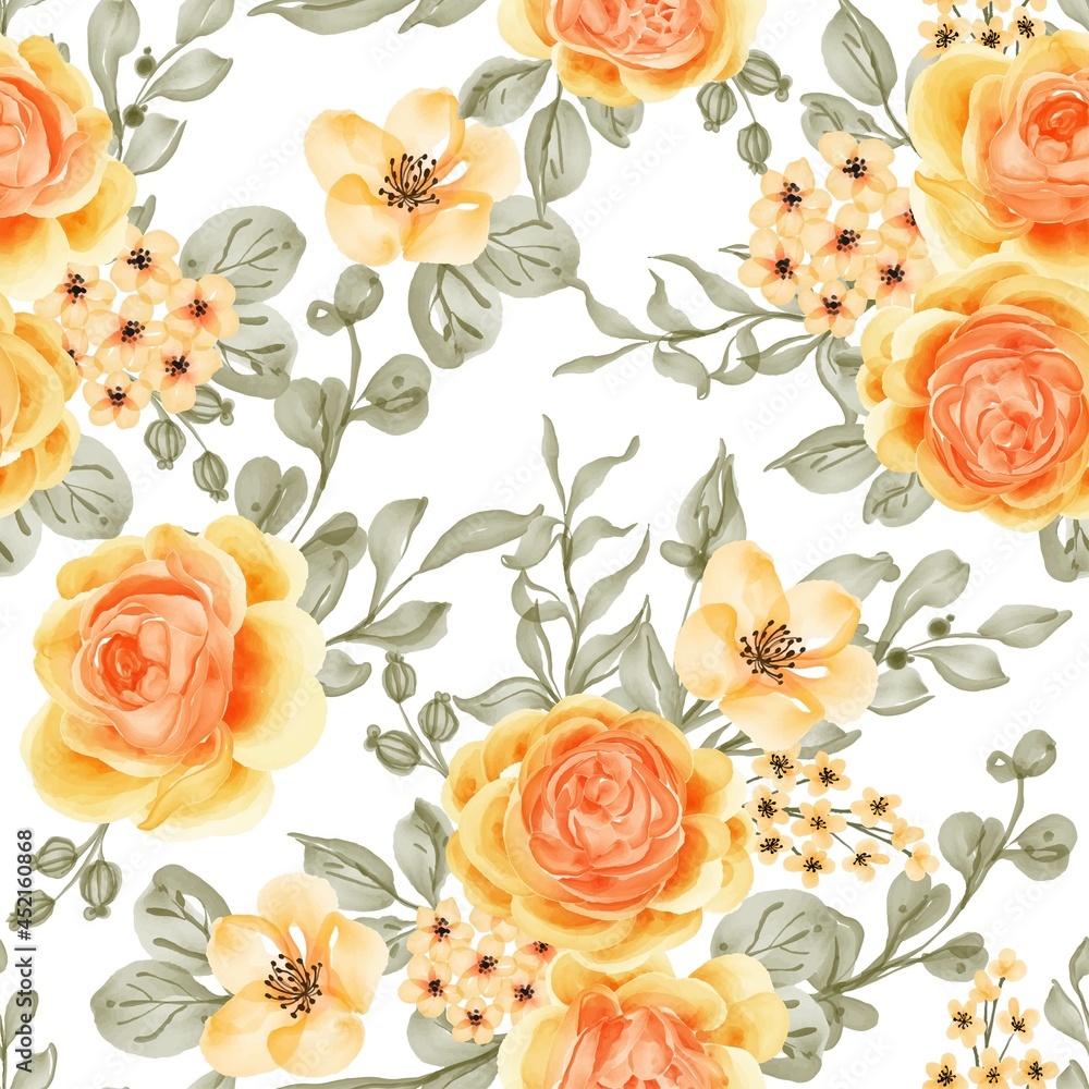 watercolor flower rose talitha yellow orange seamless pattern