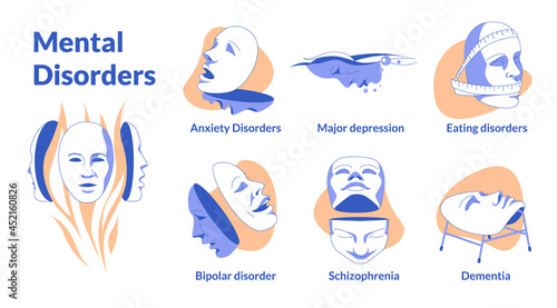 Psychic problems Vector illustration of planes. Human masks with small emotions symbolize the most popular mental illnesses. Psychology, psychotherapy, symbolism, theater 