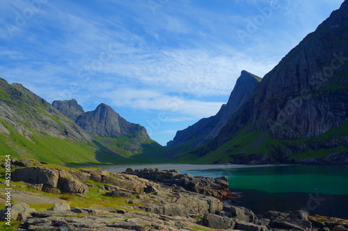 Dramatic mountain landscape at Horseid beach, Lofoten Islands, Nordland, Norway