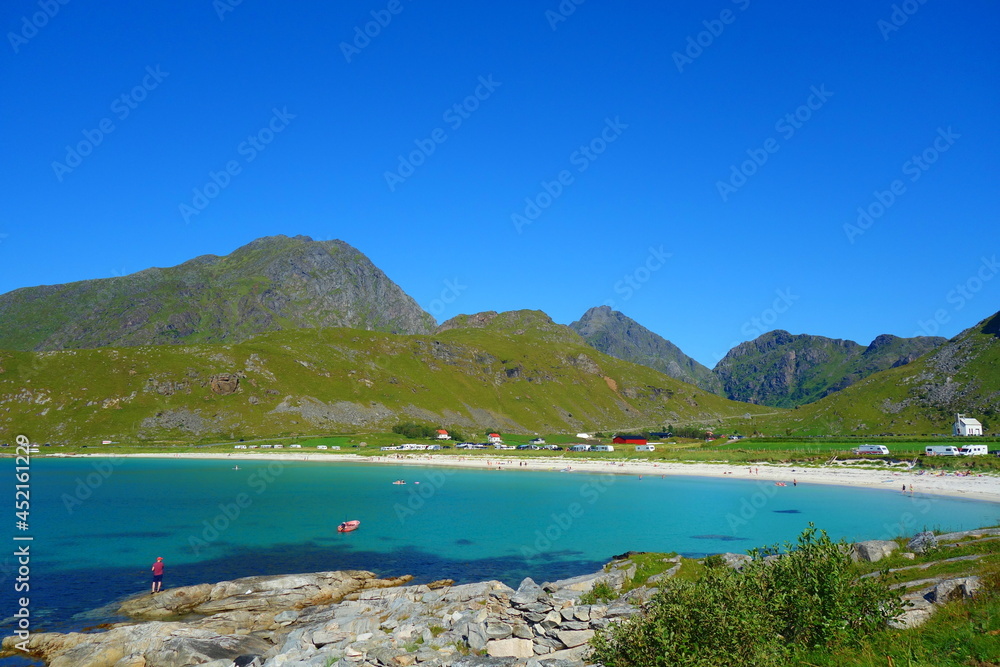 Fototapeta premium Haukland beach aerial view from Mannen summit in Lofoten islands, Norway