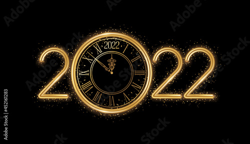 Gold Happy New Year 2022 logo with clock face and confetti glitter sparkles on black background. Vector illustration. Merry Christmas template minimal design for posters, flyers, brochures or voucher