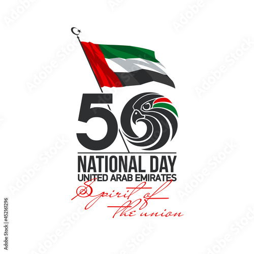 50 UAE national day logo with falcon head icon in the UAE flag colors illustration banner. Sign of United Arab Emirates 2 December Spirit of the union 50 National day Anniversary Celebration Card 2021