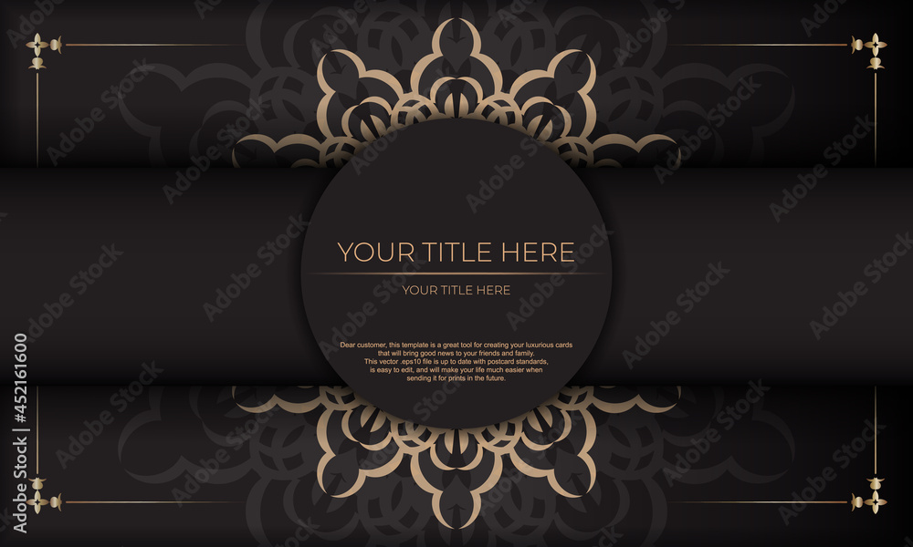 Print-ready invitation design with luxurious ornaments. Black background with greek vintage ornaments and place under the text.