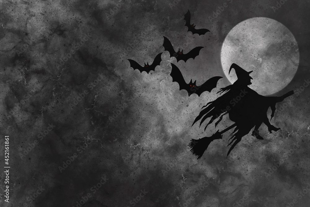 Fototapeta premium Abstract Halloween background with witch and bats against the dark moon.