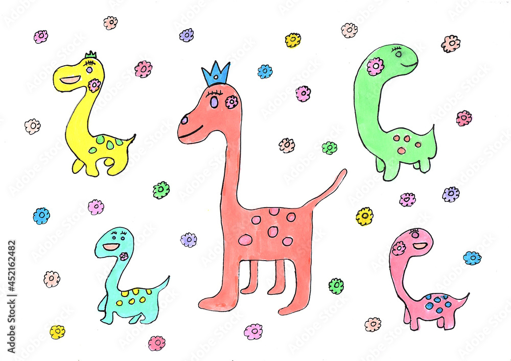 Hand drawing of Dinosaurus cartoon character,paint with multicolor, Hand drawing of Dinosaurus cartoon character,paint with multicolor,