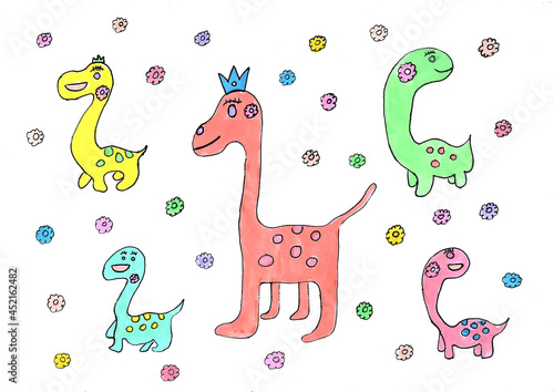 Hand drawing of Dinosaurus cartoon character paint with multicolor 