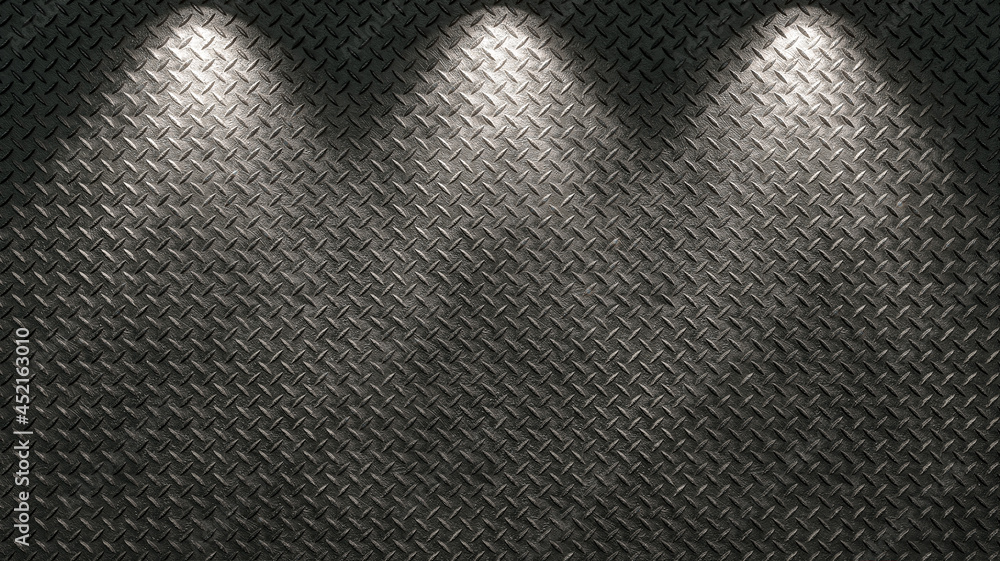 Metal diamond plates wall illuminated by lights for background. 3d rendering Metal diamond plates wall illuminated by lights for background. 3d rendering