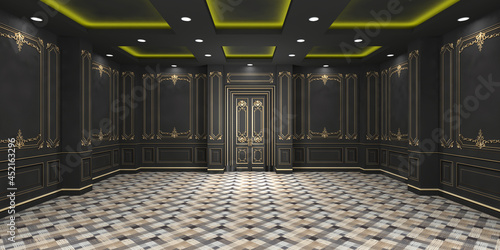 3d illustration foyer ballroom door entrance with pillar wall antique decoration and downlight carpet flooring Fotobehang