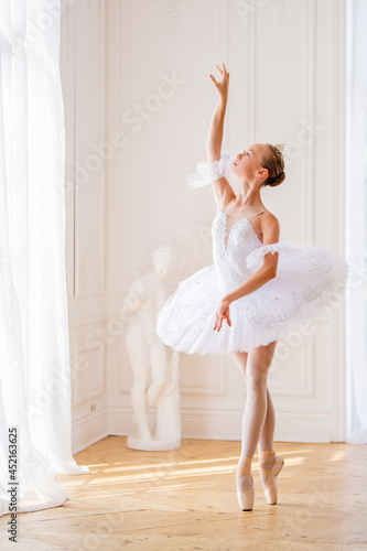 young slender ballerina in a white tutu stands in an arabesque on pointe shoes in beautiful white room opposite window.