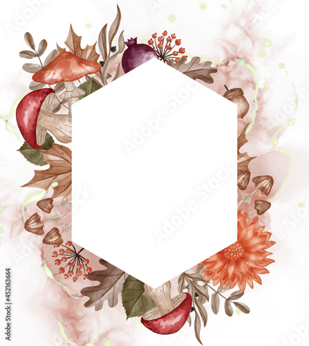 Autumn themed Watercolor frame background flower, leaves, and mushroom with white space