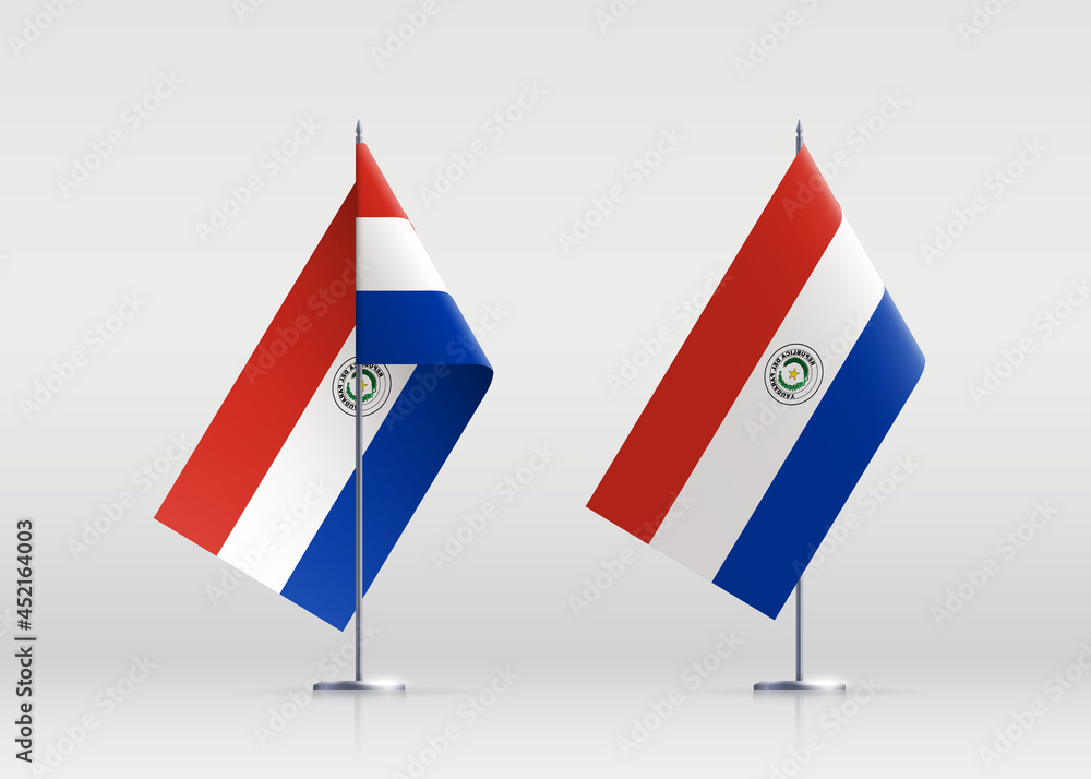 Paraguay flag state symbol isolated on background national banner. Greeting card National Independence Day of the Republic of Paraguay. Illustration banner with realistic state flag. Paraguay flag state symbol isolated on background national banner. Greeting card National Independence Day of the Republic of Paraguay. Illustration banner with realistic state flag.