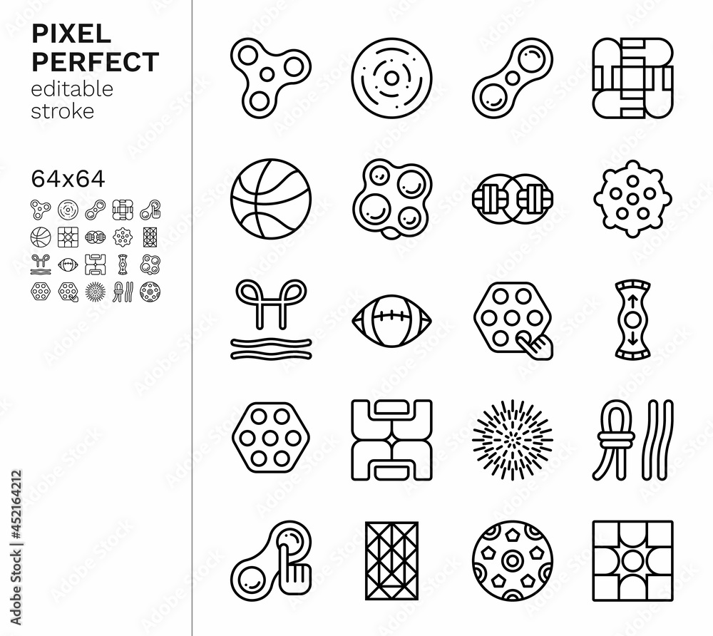 Trendy fidget toys icon set included spinner, simple dimple and others antistress games for kids and adults. Suitable for autistic people. Pixel perfect 64x64 icons with editable stroke. - obrazy, fototapety, plakaty 
