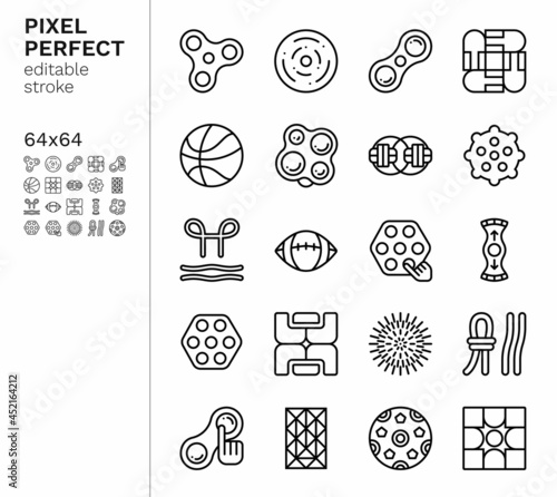 Trendy fidget toys icon set included spinner, simple dimple and others antistress games for kids and adults. Suitable for autistic people. Pixel perfect 64x64 icons with editable stroke. photo