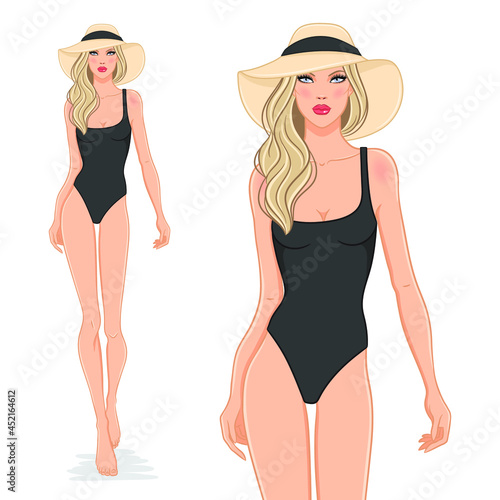 Vector illustration of a beautiful fashion model in a stylish black swimsuit and a beach hat. Young attractive woman in bikini, isolated on white background. Blonde girl on a beach.