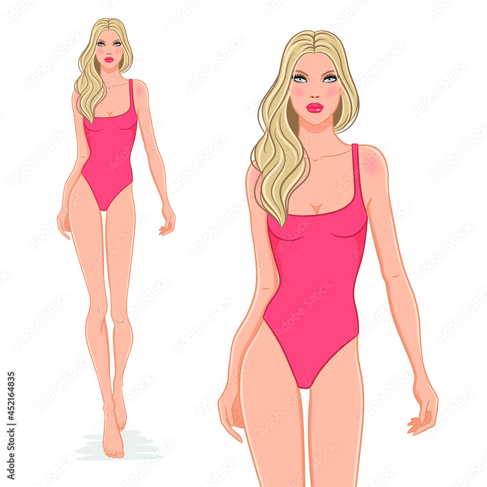 Vector illustration of a beautiful fashion model posing in a stylish red swimsuit. Young attractive woman in bikini, isolated on white background. Blonde girl on a beach. Vector illustration of a beautiful fashion model posing in a stylish red swimsuit. Young attractive woman in bikini, isolated on white background. Blonde girl on a beach.