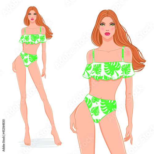 Vector illustration of a beautiful fashion model posing in a stylish floral swimsuit. Young attractive woman in bikini, isolated on white background. Pretty girl on a beach.