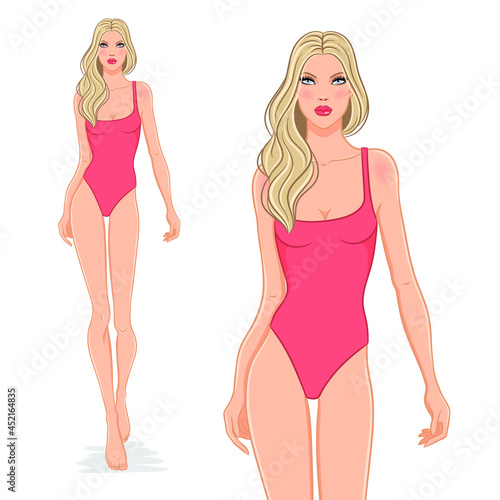 Vector illustration of a beautiful fashion model posing in a stylish red swimsuit. Young attractive woman in bikini, isolated on white background. Blonde girl on a beach.