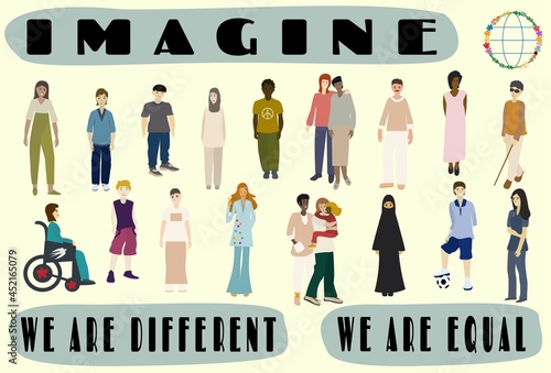 Multi-ethnic group of people. All people equal concept. Men and women portrait. Disabled people. Boy without arm. Woman in a wheelchair. Blind man. Isolated vector illustration on white background