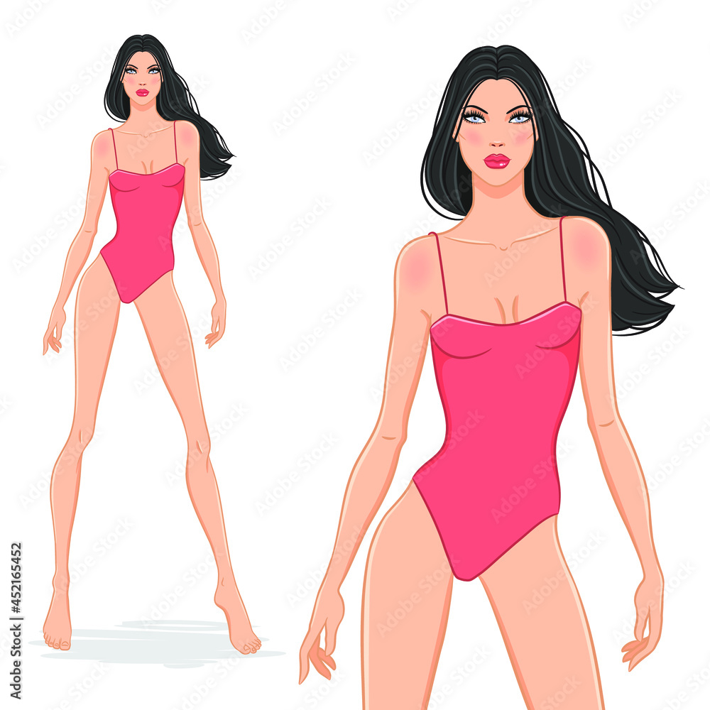 Vector illustration of a beautiful fashion model posing in a stylish red swimsuit. Young attractive woman in bikini, isolated on white background. Pretty girl on a beach. Vector illustration of a beautiful fashion model posing in a stylish red swimsuit. Young attractive woman in bikini, isolated on white background. Pretty girl on a beach.