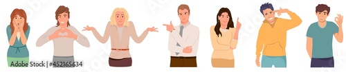 Set of people in casual clothes showing different Gestures isolated on white. Young male and female characters Ok symbol, Yeah and heart gesturing, gestures of surprise and despair. Vector