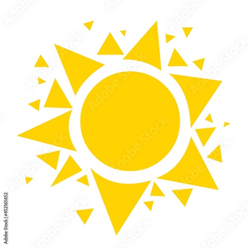 Sun in simple style isolated on white background. Flat image of geometric shapes in yellow. Vector.