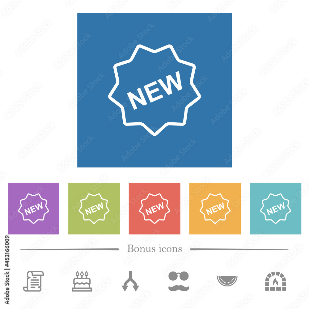 New badge outline flat white icons in square backgrounds New badge outline flat white icons in square backgrounds
