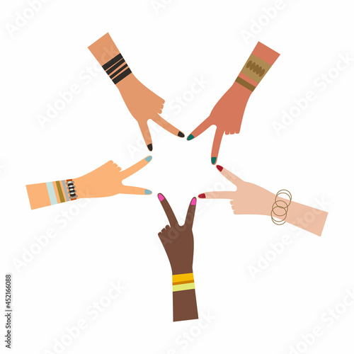 Ethnic women hands showing a star with fingers. An illustration of peace, love, feminine power and solidarity. A celebration of empower women hand sign and symbol.Feminism, girl power concept.