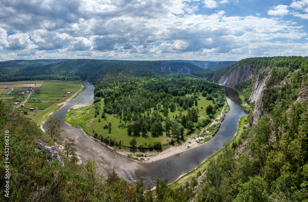 View of the Belaya river valley. Bashkiria National Park, Bashkortostan, Russia. Rocky coast, forest.